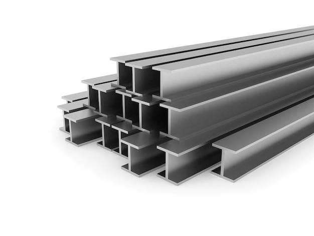 Metal products, H-beam, steel industry, on white background. 3D rendering.