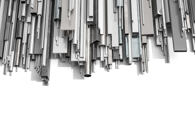 Metal profiles of different shapes on a white background. 3d render.