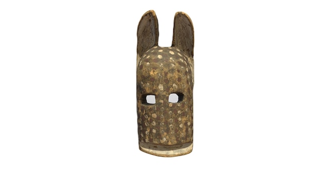 A metal rabbit mask with a black face and a white background.