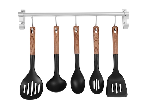 Metal rack with set of kitchen utensils on white background