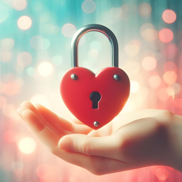 Foto simbolo d'amore a forma di cuore a lucchetto rosso su sfondo bokeh pastello per la carta di san valentino