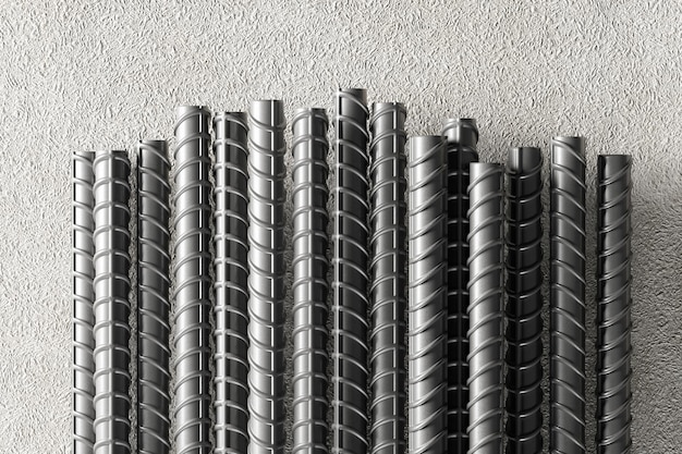 Metal reinforcement in a concrete wall for construction and production 3d render