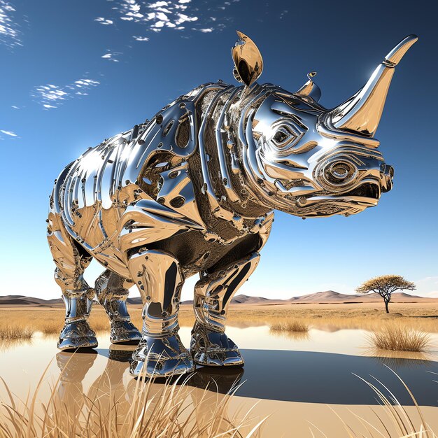 A metal rhinoceros statue in a desert