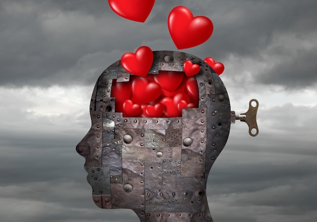 Photo metal robot head full of hearts