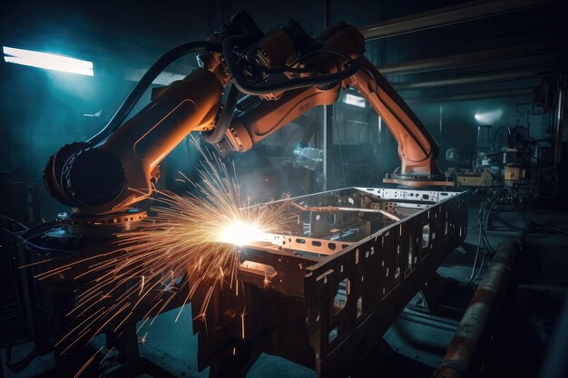 Metal robotic arm welding seams on metal car frame