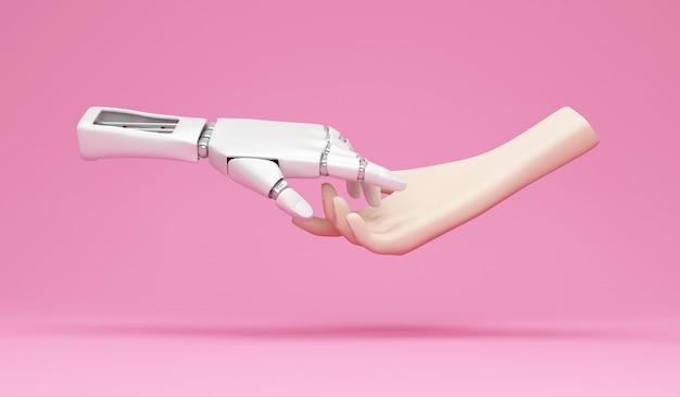 Metal robotic hand en menselijke hand op studio achtergrond