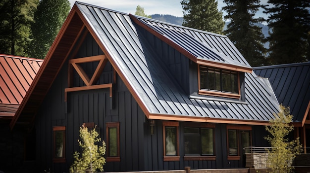 Metal roof with ventilation shafts and attic windows