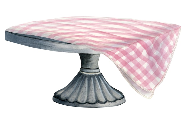 Metal round coffee table with striped tablecloth watercolor illustration vintage furniture clipart