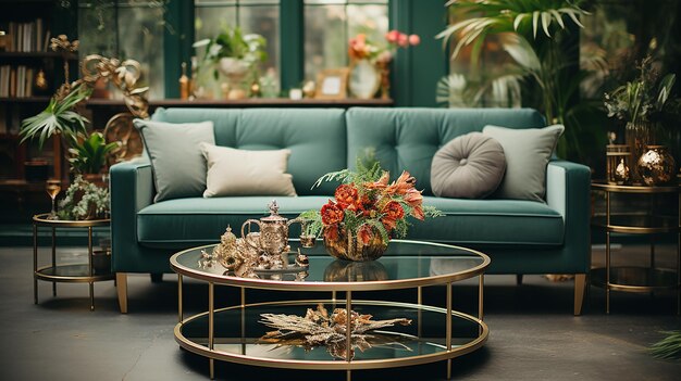 Metal Round Coffee Tables And A Beige Sofa In A Green Luxurious Living Room Interior With Marble