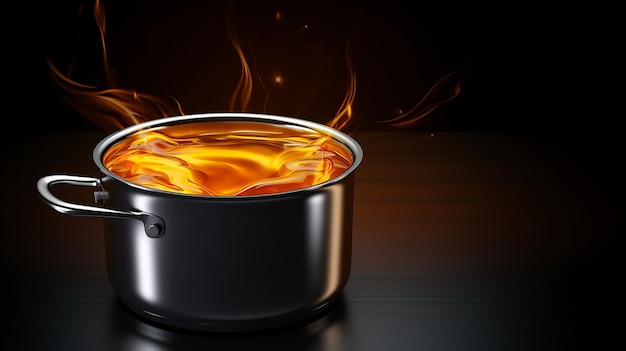 写真 暗い 背景 に 対し て テーブル の 上 に 熱い 液体 を 置い て いる 金属 の 鍋