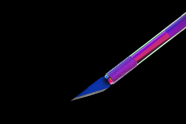 Metal scalpel illuminated in different colors black background closeup