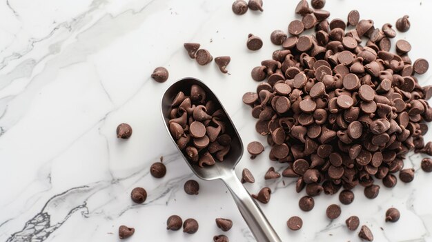 Metal scoop filled with chocolate chips on marble surface pile of beside it