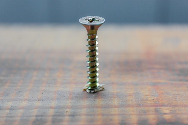 Foto la vite di metallo è stata inserita nella superficie della tavola di legno con il concetto di riparazione della casa o dell'officina del cacciavite