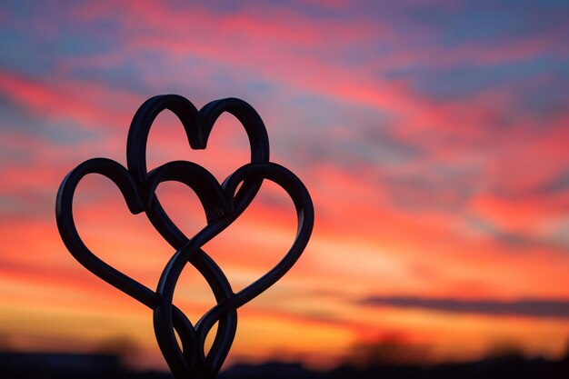 A metal sculpture featuring two hearts in the center crafted with intricate detailing A minimalist abstract image of two intertwined hearts against a sunset skyline AI Generated