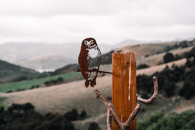 Foto scultura metallica a forma di gufo chiusa a un palo di legno che domina la valle circondata da