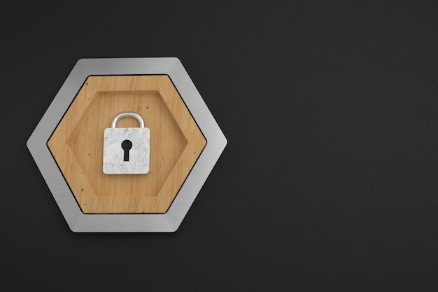 Photo metal security door lock icon in wooden frame