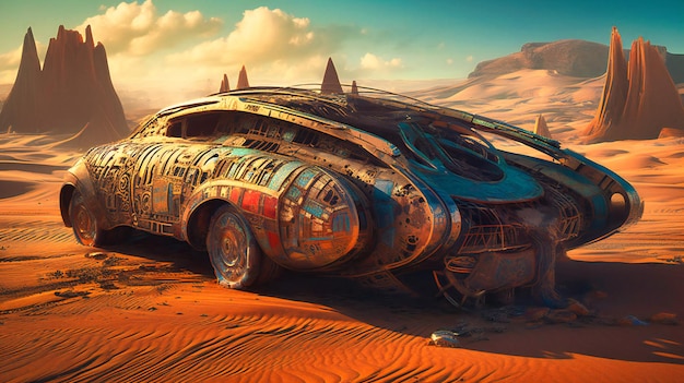 The metal shell of a car in the desert