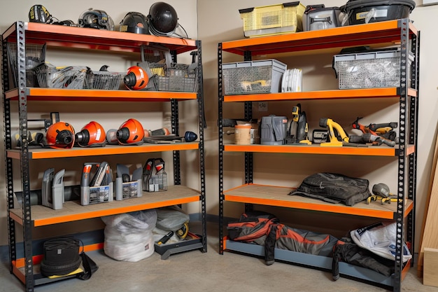 Photo metal shelving unit loaded with heavy tools and equipment created with generative ai