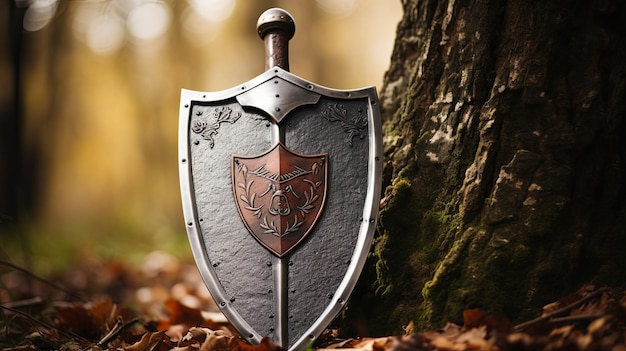 Photo metal shield alongside tree in forest