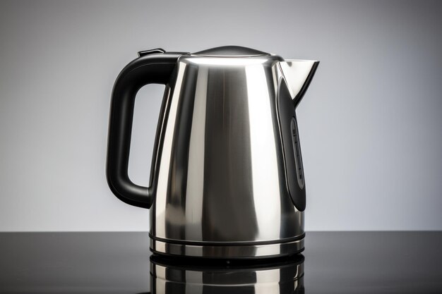 Metal shiny electric kettle on a gray background