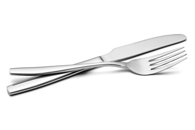 The metal shiny fork and knife on a white background