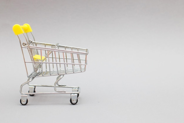 The metal shopping cart on a grey background
