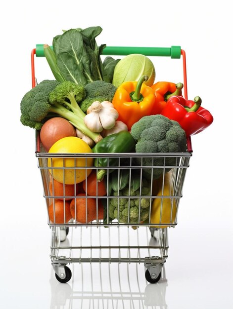 Metal shopping cart with grocery items