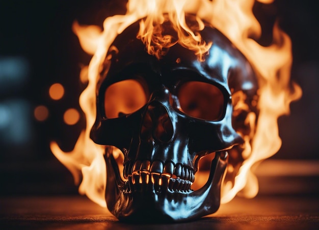 Foto un cranio di metallo in fiamme