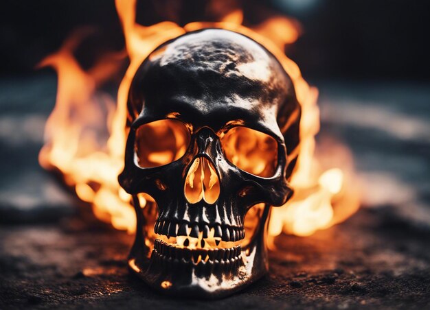 Foto un cranio di metallo in fiamme