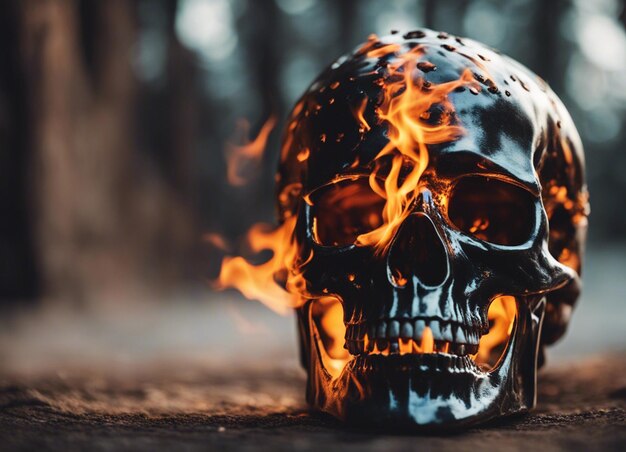 Foto un cranio di metallo in fiamme