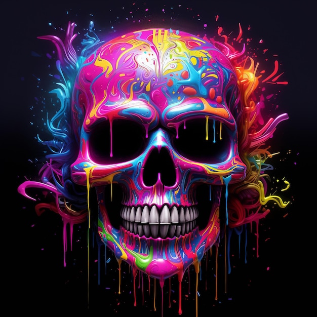Metal skull in holographic colors neon light