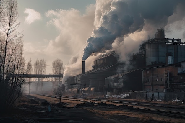 Metal smelting factory with thick smoke and fumes pouring out of the chimneys