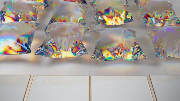 Metal square tiles transform into flying transparent pillows light refraction diamond d illustration