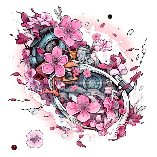 Metal steampunk heart with pink flowers on a white background AI generative image