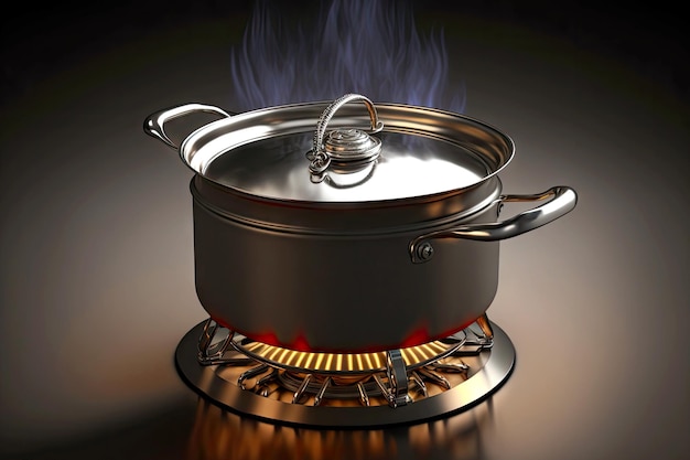 Metal steel pot on gas burner on off stove