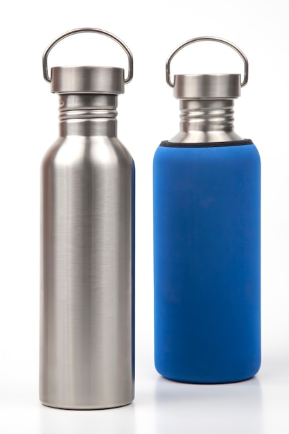 Metal steel water flasks on white