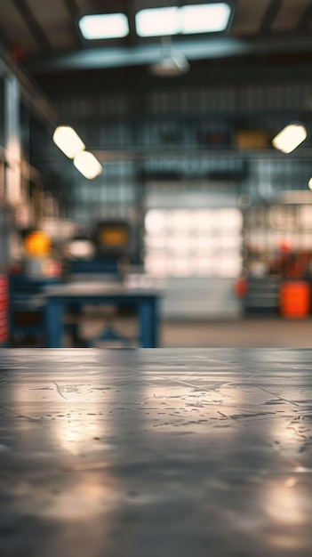 Metal table and Blurred background of a garage