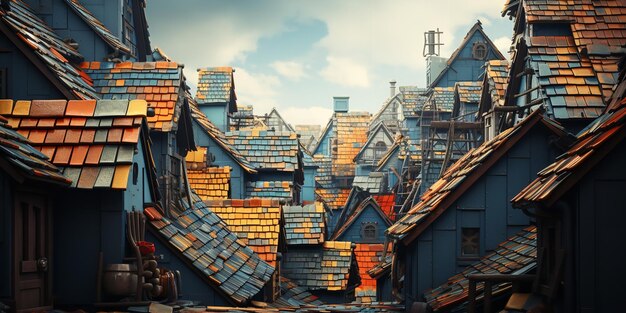 Photo metal tiles on the roof of the home with a chimney generative ai