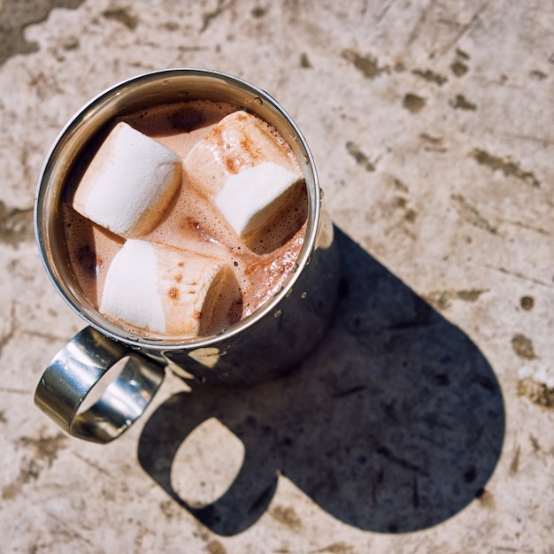Metal touristic mug of cocoa with marshmallow on a stone