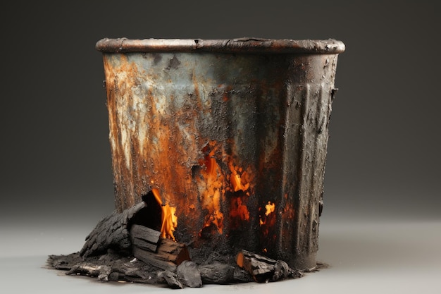 A metal trash can is burning intensely flames licking at its sides and rising upwards The fire is bright and fierce casting a glow on the surroundings Isolated on a Transparent Background PNG