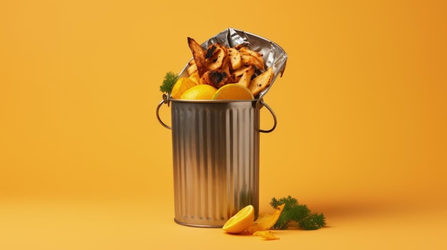 노란색 바탕에 고립된 남은 음식이 있는 금속 쓰레기통 Generative AI