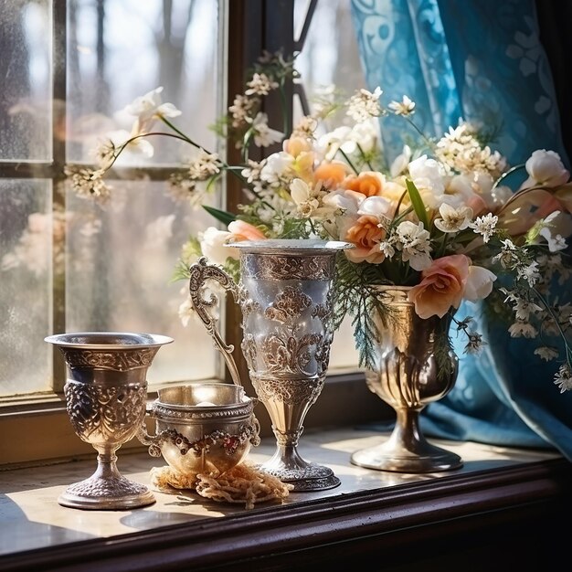 metal vases in the form of a goblet with bouquets of flowers are on the windowsill