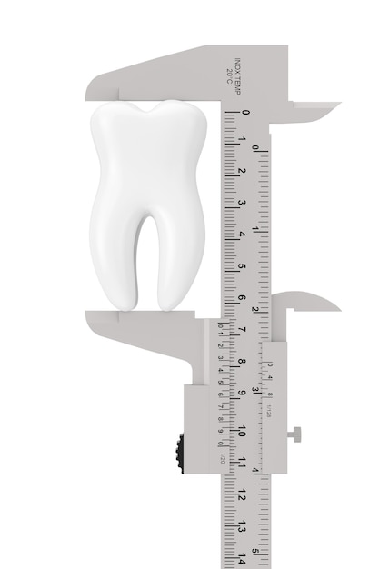 흰색 바탕에 하얀 치아가 있는 금속 버니어 캘리퍼스. 3d 렌더링