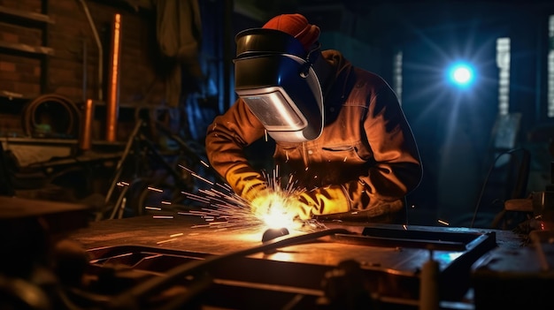 Metal welder steel working with electric arc welding machine in workshop Generative Ai Technology