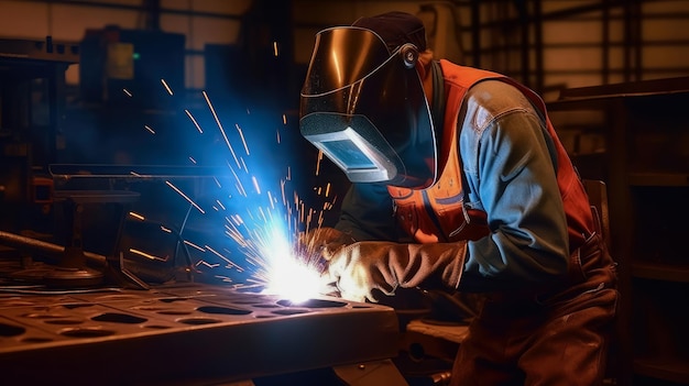 Photo metal welder steel working with electric arc welding machine in workshop generative ai technology