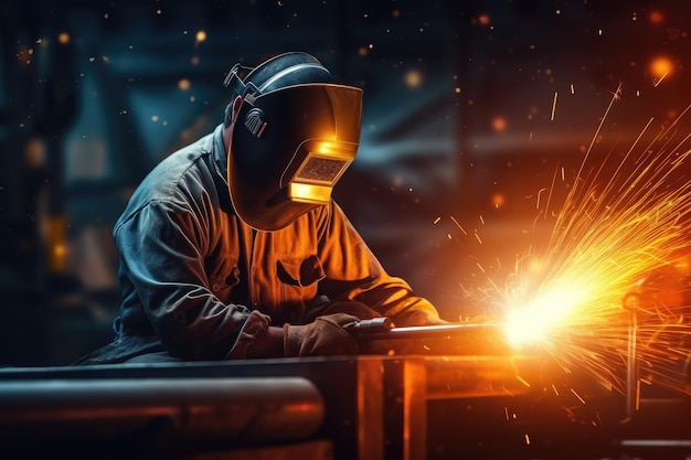 metal welder using an arc welding machine to weld steel at a factory It represents manufacturing an