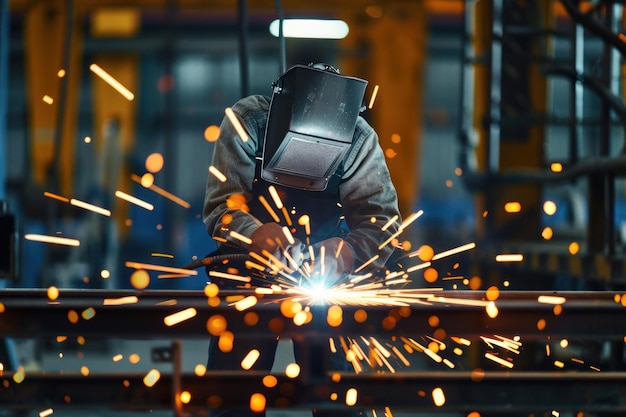 Metal welder working with arc welding machine to weld steel at factory