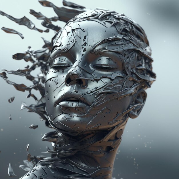 A metal woman with her eyes closed dissolving in the wind