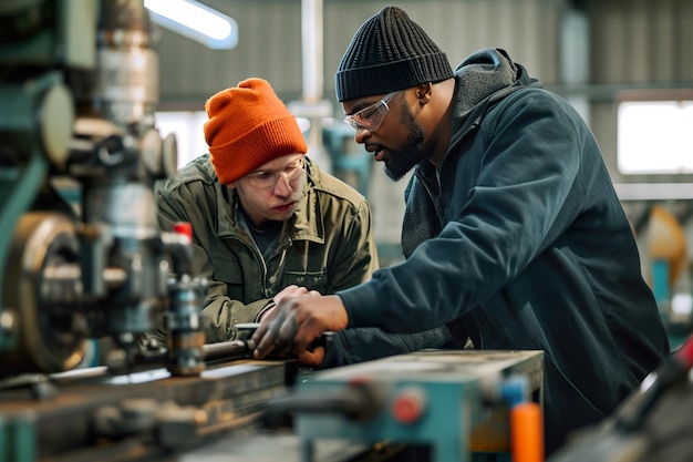 Metal worker teaching trainee on machine use