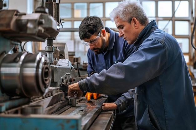 Metal worker teaching trainee on machine use